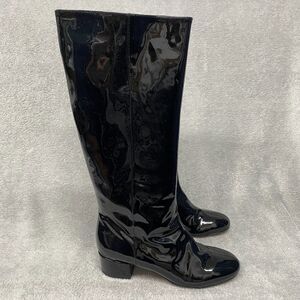J Crew Boots Womens 7.5 Black Patent Leather Knee High Shiny Block Heel Slip On